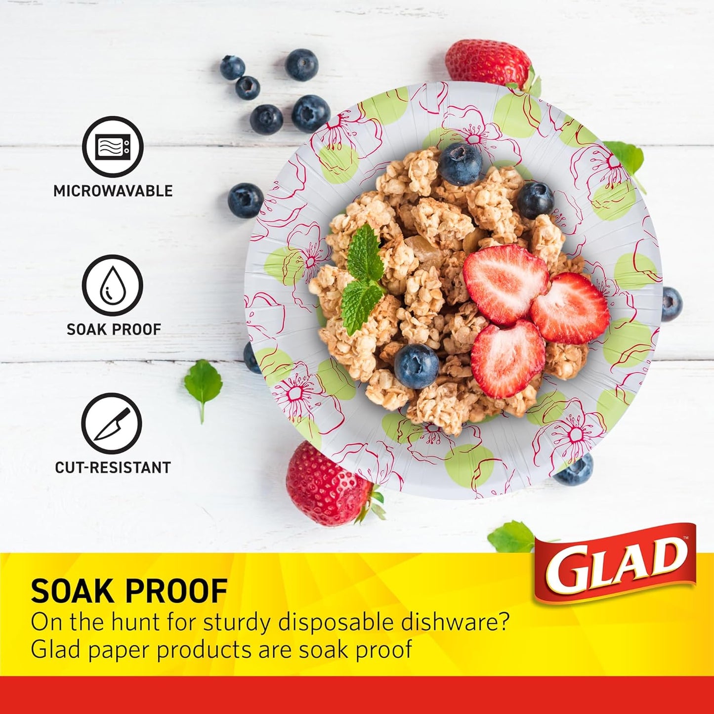 Glad Round Disposable Paper Bowls, Pink Flower Design - Heavy Duty, Soak Proof, Cut-Resistant, Microwavable Bowl for All Foods & Daily Use, 16 Oz, 50 Count