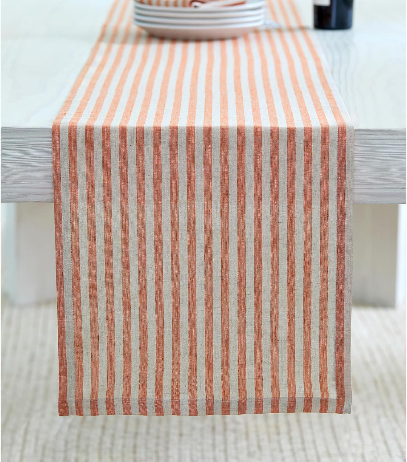 Solino Home Table Runner 144 Inches Long - Amalfi Stripe, 100% Pure Linen Pumpkin and Natural Table Runner 14 x 144 Inch for Dining, Fall, Autumn, Halloween, Thanksgiving