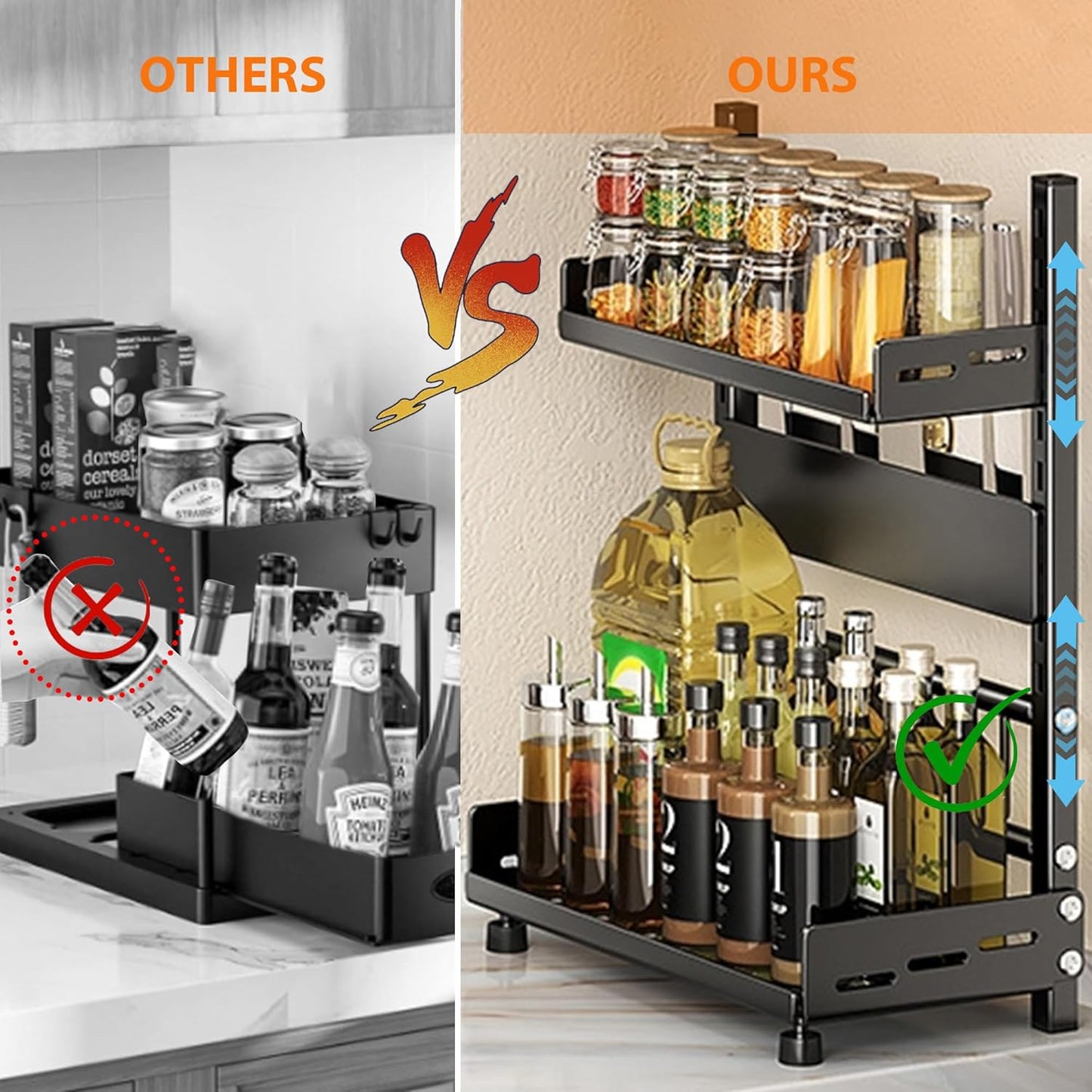 Spice Rack Organizer, 2-Tier Height-Adjustable Kitchen Countertop Spice Organizer Shelf, Metal Rust-Proof Standing Large Spice Racks with Guardrail & Knife Block for Kitchen Storage