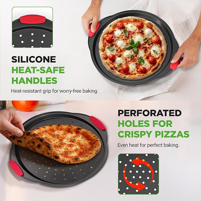 NutriChef 2-Piece 13-Inch Nonstick Pizza Tray, Round Carbon Steel Non-Stick Pizza Pan with Perforated Holes, Premium Bakeware Pizza Screen with Silicone Grip Handles, Dishwasher Safe, NCBPIZX2
