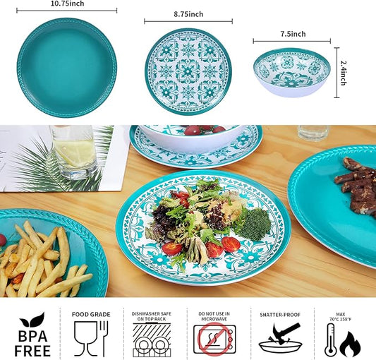 Melamine Dinnerware Set 12-Piece (Service for 4) – Dishwasher Safe, Unbreakable Lightweight Plates & Bowls for Indoor/Outdoor Use – Patio, Kids, Camping