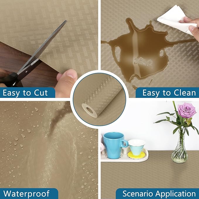 HooTown Kitchen Shelf Liner Drawer Liners, 11.8"W x 157.5"L Non-Adhesive Cabinet Cupboard Liners Refrigerator Waterproof Fridge Mat with Durable Kitchen Cabinet Mat for Drawers, Shelves, Pantry, Khaki