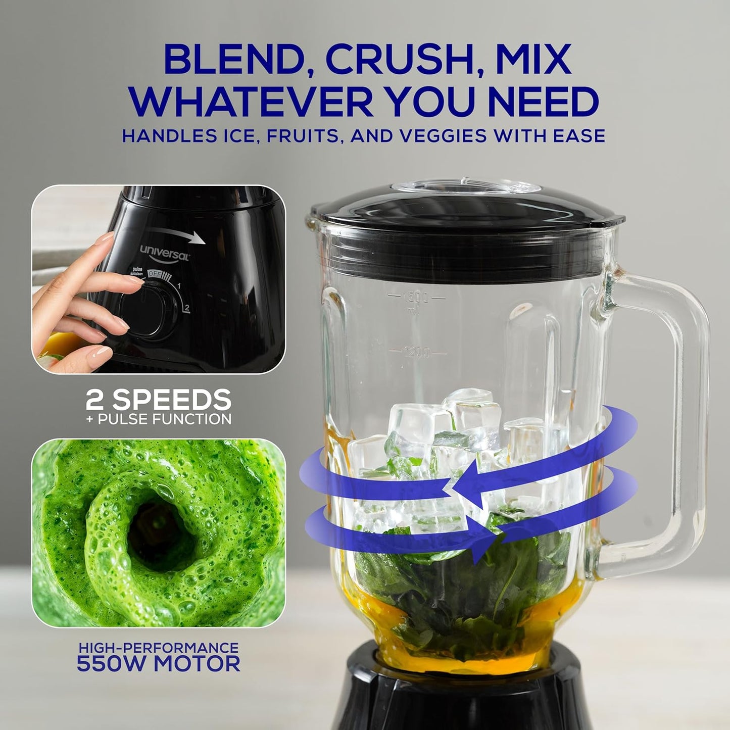 Universal 550W Mass Vital Blender - Glass Jar 57 Oz/1.8 Quart/1.7 Liter - 7-cup, 2 Speed + Pulse Function and 4 Stainless Steel Blade with Chrome Steel Technology