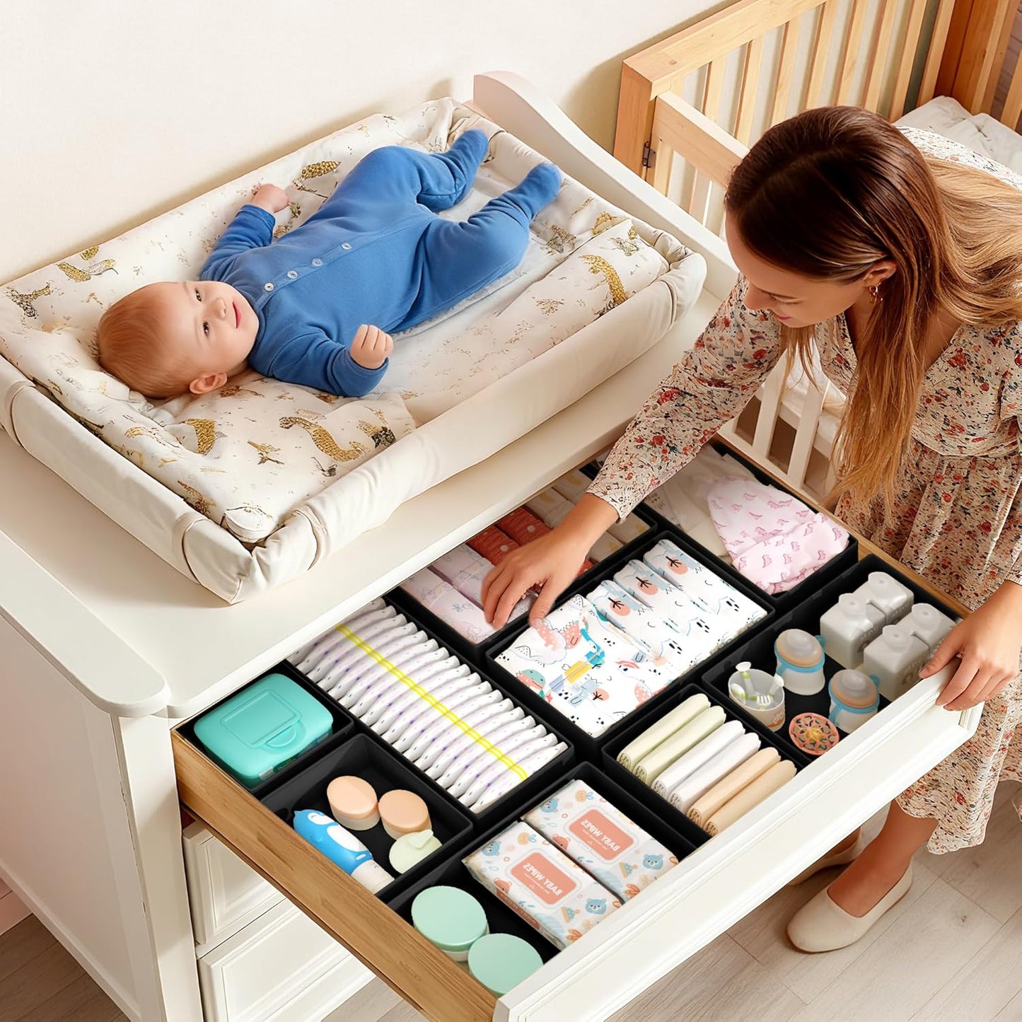 DIMJ Drawer Organizer Clothes Storage - 16 Pack Baby Dresser Organizer for Nursery, Foldable Drawer Dividers for Bedroom Closet Organization, Fabric Storage Bins for Socks, Underwears, Bras