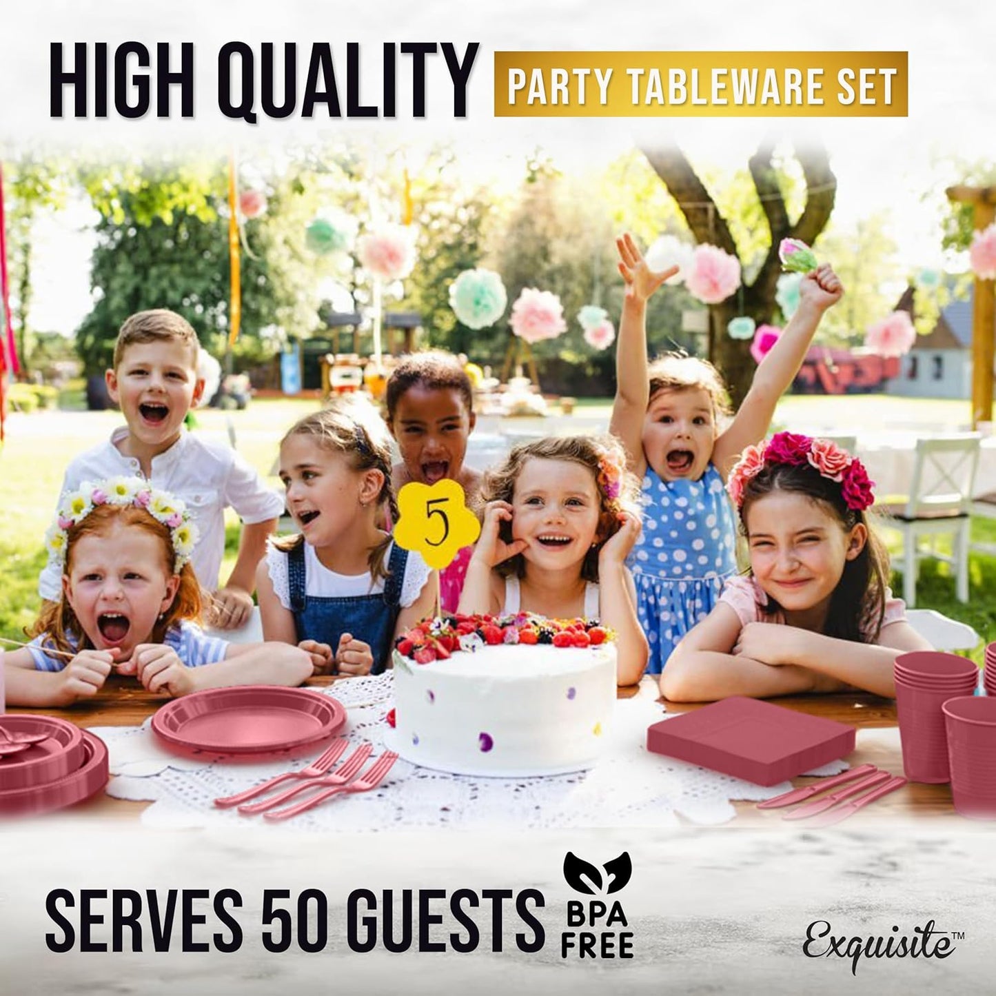 Party Solids 350 Pieces Burgundy Plastic Plates For Party, Burgundy Disposable Plates Set, 50 Of Each 9" Dinner Plate Set, 7" Dessert Plate, Cups, Napkins & Cutlery Plastic Dinnerware