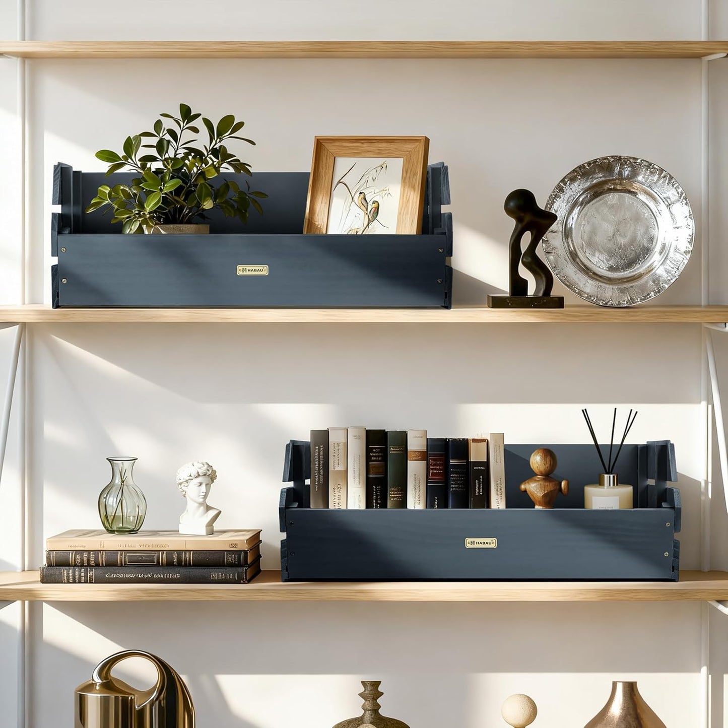 HABAU Wood Potato Onion Storage Bins - Wooden Stackable Produce Basket - Fruit Vegetable Storage for Kitchen Pantry Organization, Set 2 Pieces