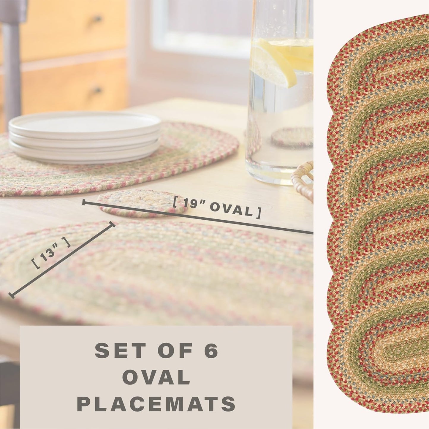 Homespice Azalea Jute Braided Oval Placemats, Warm Country Primitive Decor, Set of 6, 13x19 Multicolor Table Mats - Vibrant Colors, Durable, Easy to Clean and Protects Furniture