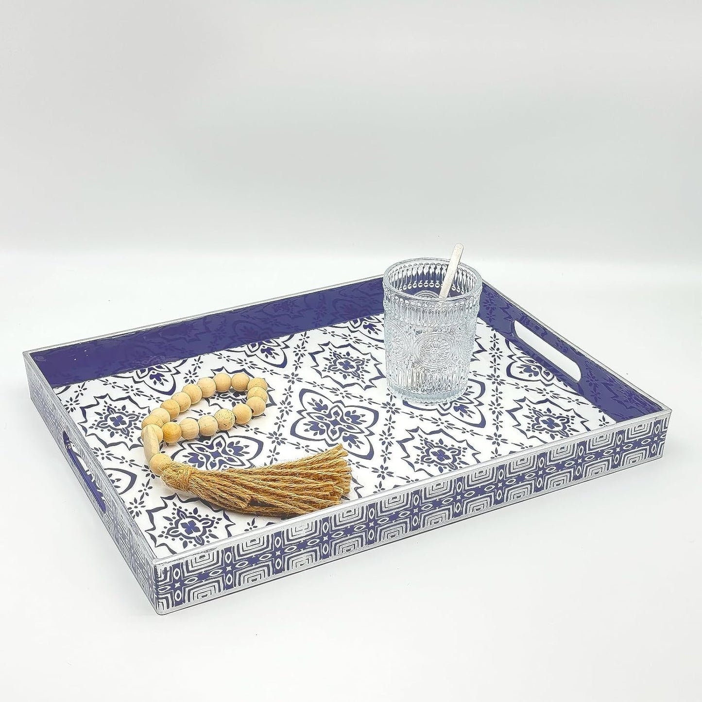 Serving Tray with Handles, 15.7 * 11.8 inches, Plastic Ottoman Tray with Exquisite Paintings, Trays for Coffee Table