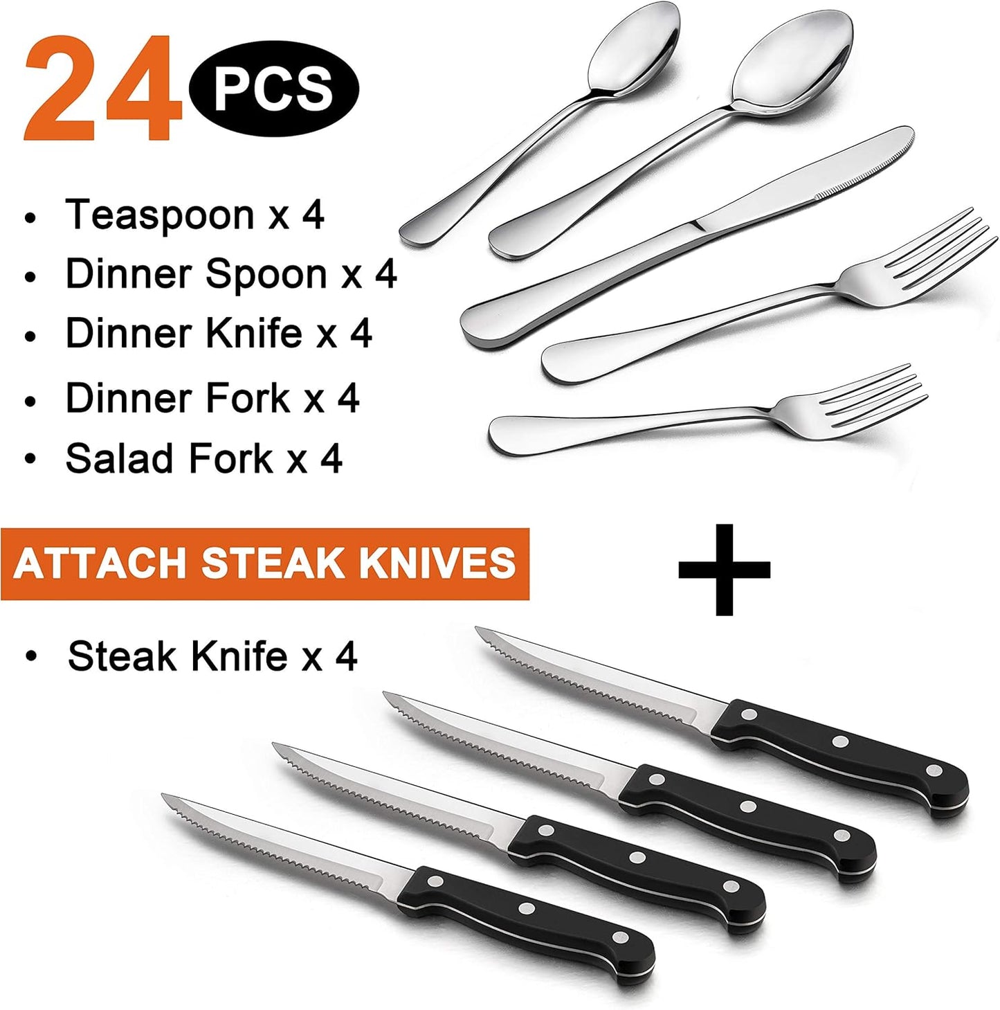 LIANYU 24-Piece Silverware Set, Stainless Steel Flatware Cutlery Set for 4, Fancy Eating Utensils Tableware, Dishwasher Safe, Mirror Finish