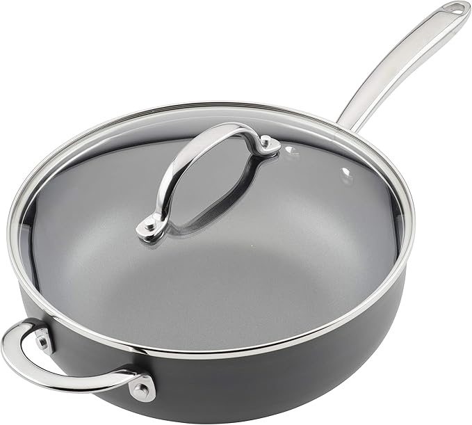 Rachael Ray Professional Hard Anodized Nonstick Sauce Pan/Saucepan/Saucier with Helper Handle and Lid, 4 Quart - Gray