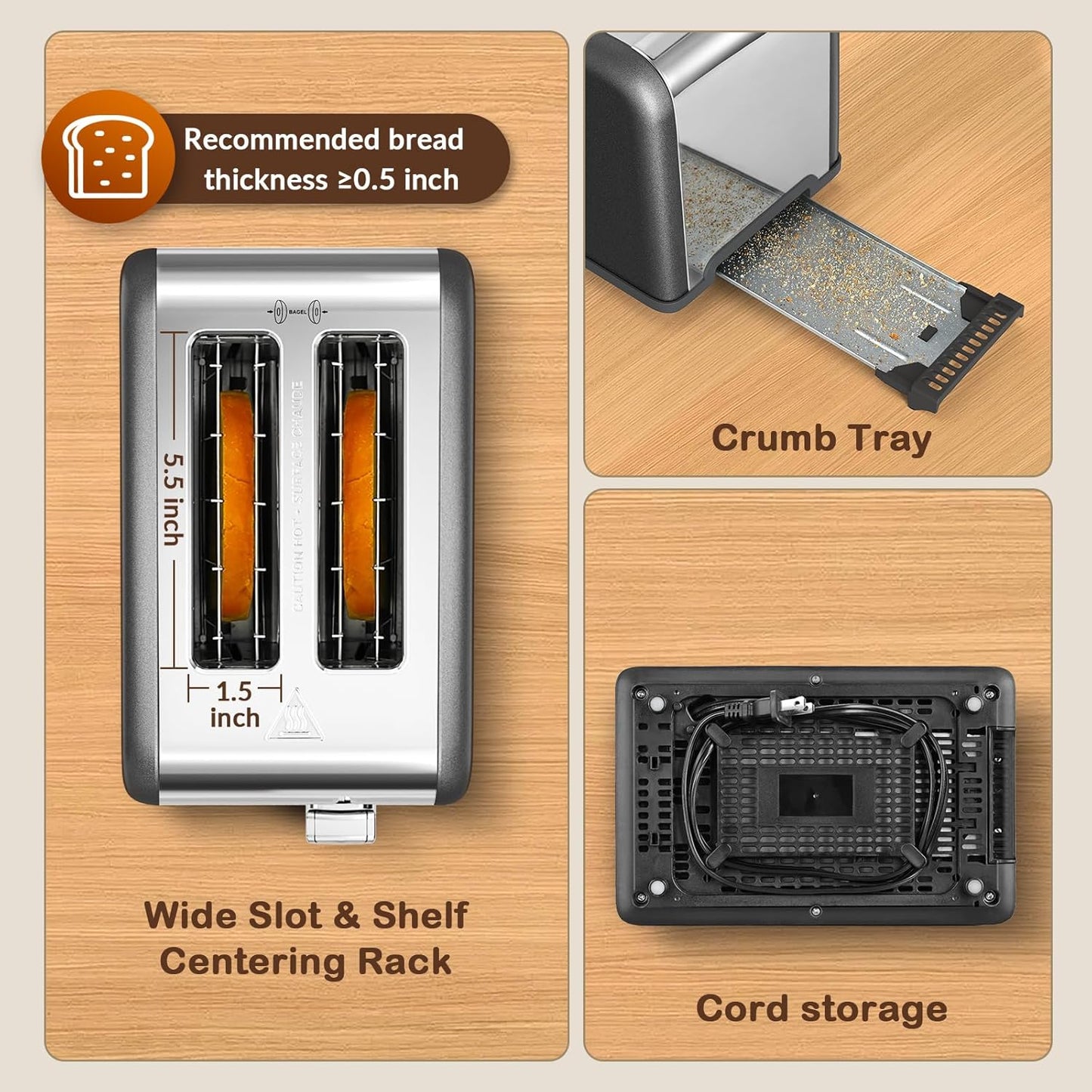 Mecity 2 Slice Touch Screen Toaster, 1.5" Wide Slot, Stainless Steel Smart Toaster for Bagels, Muffins, Waffles, Gluten-Free Breads, Defrost, Reheat, Timer, 120V 825W, Grey Pearl