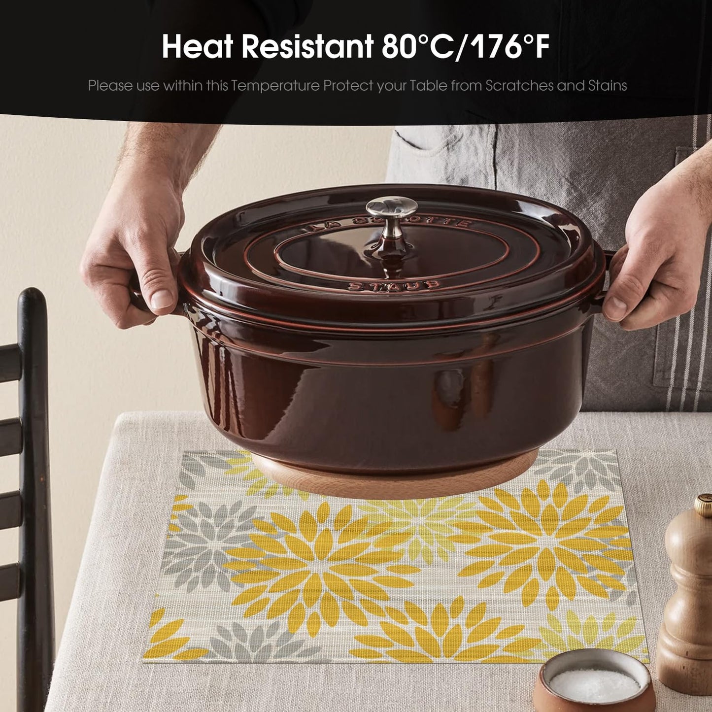 Artoid Mode Floral Plastic Placemats Set of 6, 12x18 Inch Washable Non-Slip Plastic Vinyl Place Mats for Party Kitchen Dining Decor, Yellow