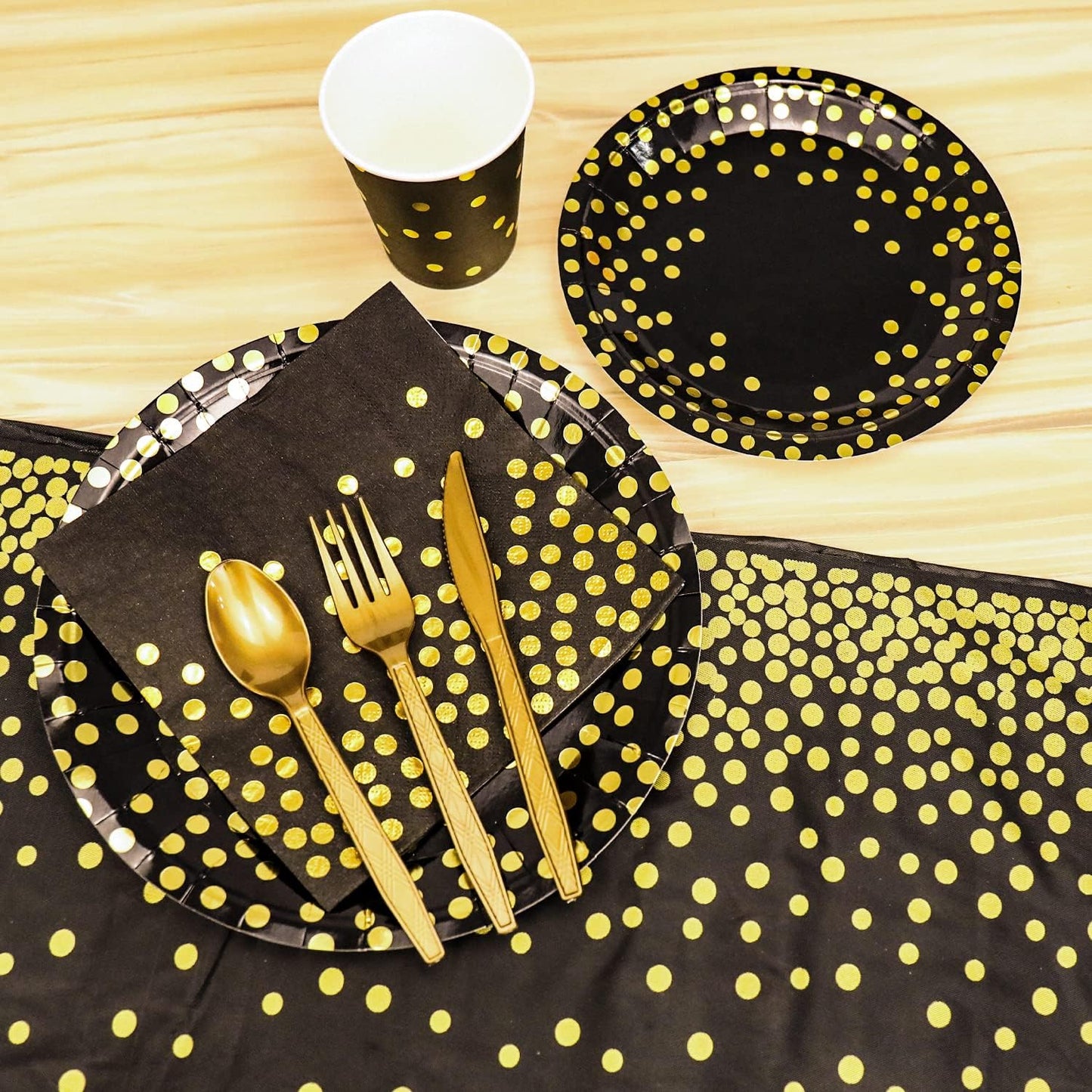 350 Pieces Gold Disposable Party Dinnerware Set &Golden Dot Disposable Party Dinnerware - Black Paper Plates Napkins Cups, Gold Plastic Forks Knives Spoons