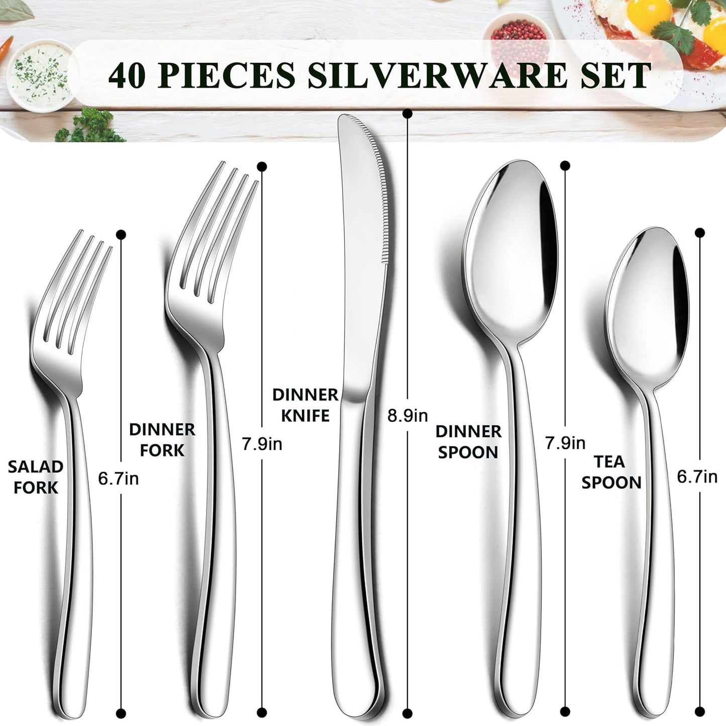 Herogo Heavy Duty Stainless Steel Silverware Set, 40-Piece Fancy Flatware Cutlery Set for 8, Modern Tableware for Home Restaurant Wedding, Heavy Eating Utensils, Mirror Polished, Dishwasher Safe