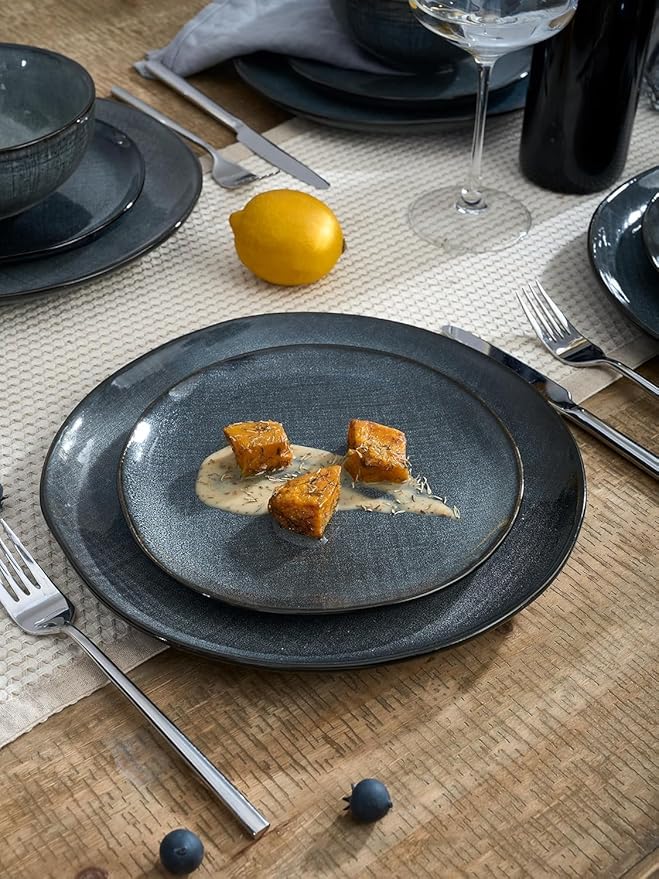 Famiware Moonlight Plates and Bowls Sets, 24 Pieces Stoneware Dinnerware Sets with Linen Finish, Dishware set for 8, Microwave and Dishwasher Safe, Chip and Scratch Resistant, Dark Blue