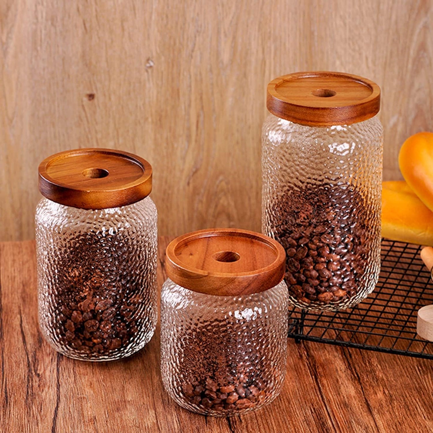 WHJY Glass Storage Container with Lid, Airtight Glass Jars, Farmhouse Tea Canister, Dog Treat Jar for Pet, Irregularity Texture Glass Candy Cookies Coffee Canister Jar Bath salt Container - 24oz