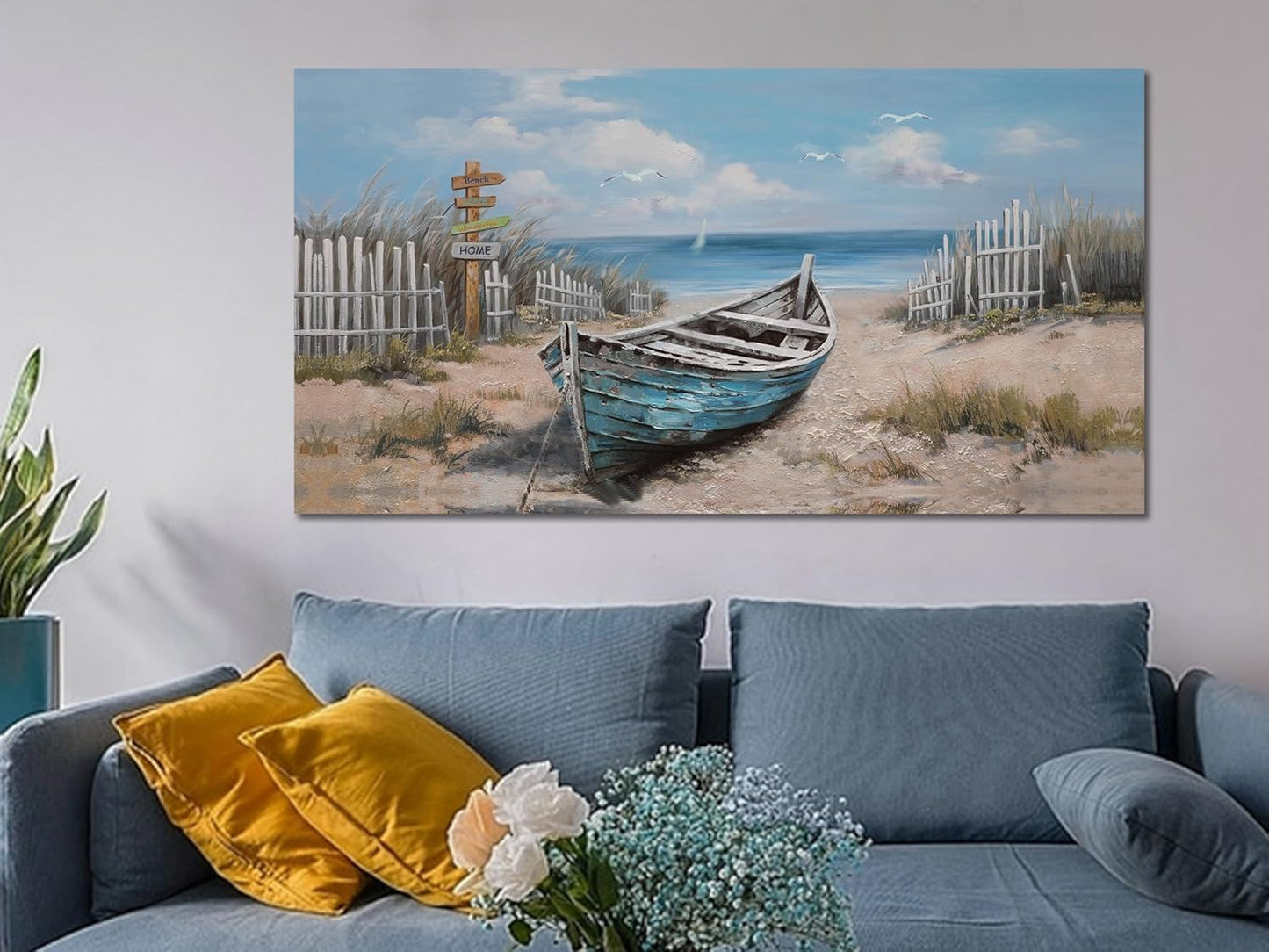 Ardemy Boat Canvas Wall Art for Living Room Large Teal Bedroom Pictures Wall Decor Textured Beach Paintings Artwork Dining Room Home Office Kitchen, 40"x20"