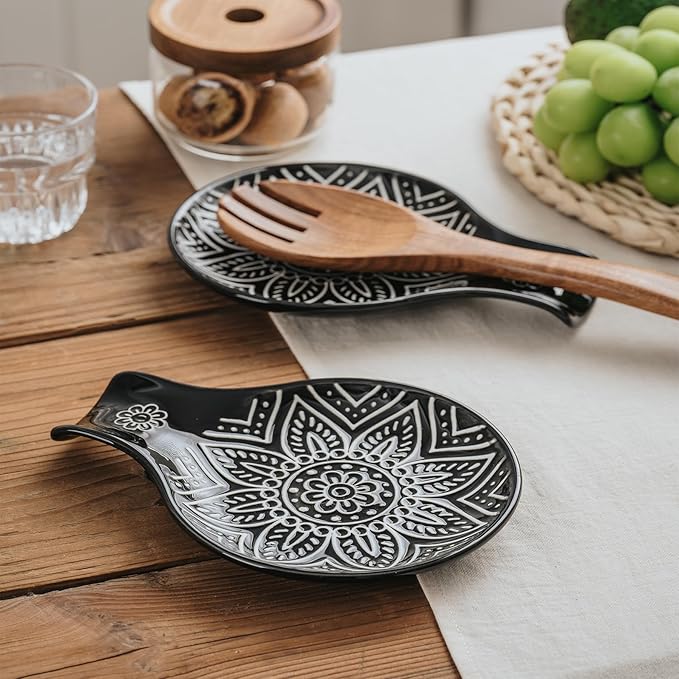 Ceramic Spoon Rest, 7.48 Inches Spoon Holder for Kitchen Counter, Kitchen Accessories, Dishwasher Safe, Black