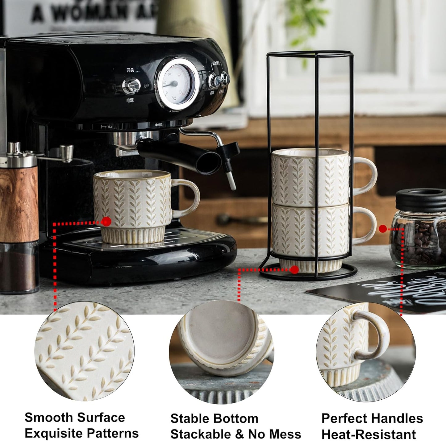 Coffee Mugs Set of 4 with Spoons & Stand, Stackable Espresso Cups 13oz Coffee Mug for Drinks Latte Cappuccino Tea, Coffee Cup for Women Men Couples Housewarming Birthday Gift, Dishwasher Safe