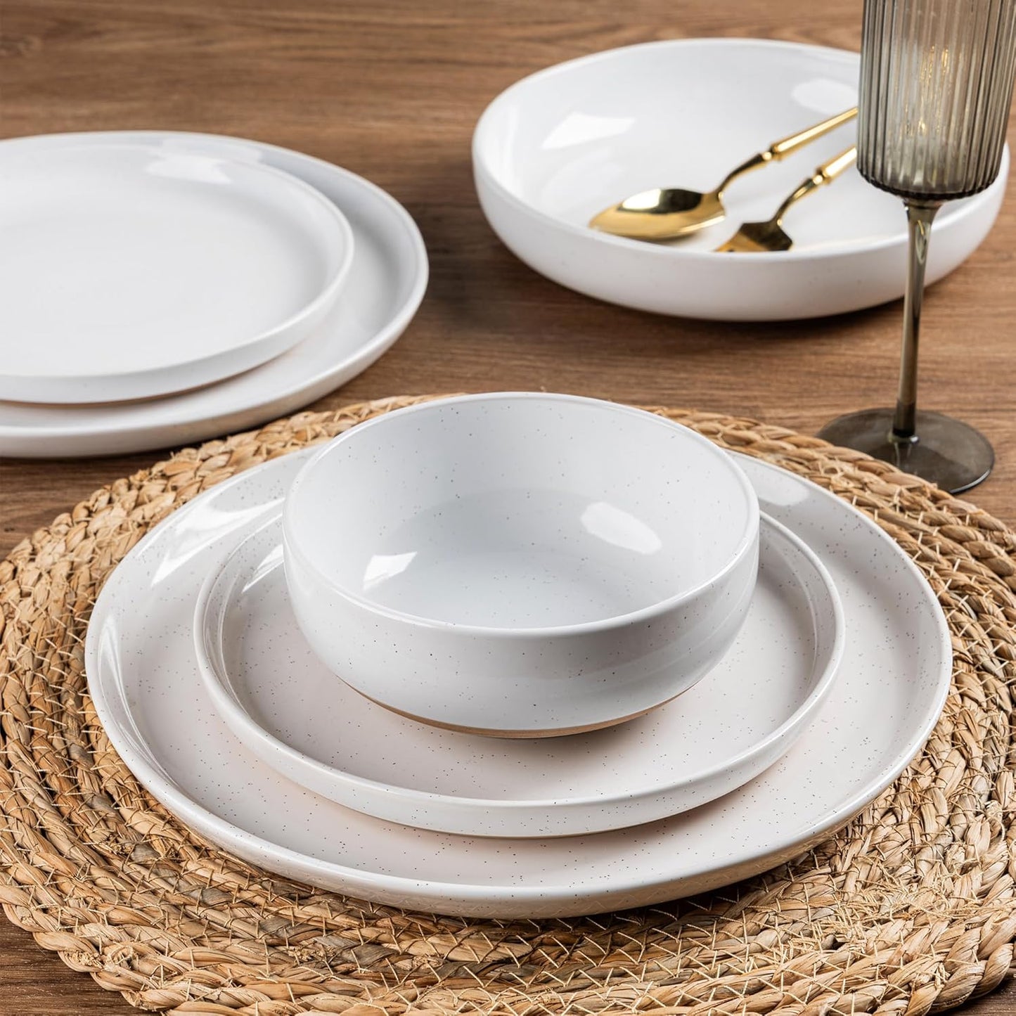 AmorArc Ceramic Dinnerware Sets with Pasta Bowls for 6, Handpainted Plates and Bowls Set with Rustic Terracotta Underside, Scratch Resistant Dishes Set, Dishwasher & Microwave Safe, 24 Pcs