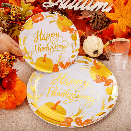 KIRE 150PCS Thanksgiving Plates Dinnerware Pumpkins - Plastic Thanksgiving Plates with Gold Silverware Include 25 for Dinner 25 for Salad 25Forks 25Knives 25Spoons 25Gold Cups