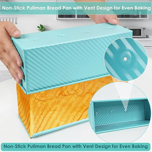 Blue Pullman Loaf Pan with Lid, 2.2LB Bread Loaf Pan, PFTE &PFOA Free Non-Stick Surface Ensure Safe and Healthy Baking, Unique and Reliable Bread Pan Add A Touch of Elegance to Your Kitchen