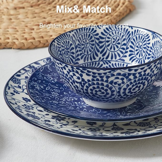 ONEMORE 12 Piece Ceramic Dinnerware Set for 4, Vintage Blue Stoneware Plates & Bowls Set - Scratch Resistant, Microwave, Dishwasher & Oven Safe, Everyday Family Meals