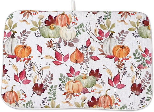Fall Autumn Dish Drying Mat 18 x 24 inch Thanksgiving Pumpkin Maple Leaf Flower Decorative Drying Mats Microfiber Absorbent Dish Washable Draining Mat for Kitchen Counter Decor
