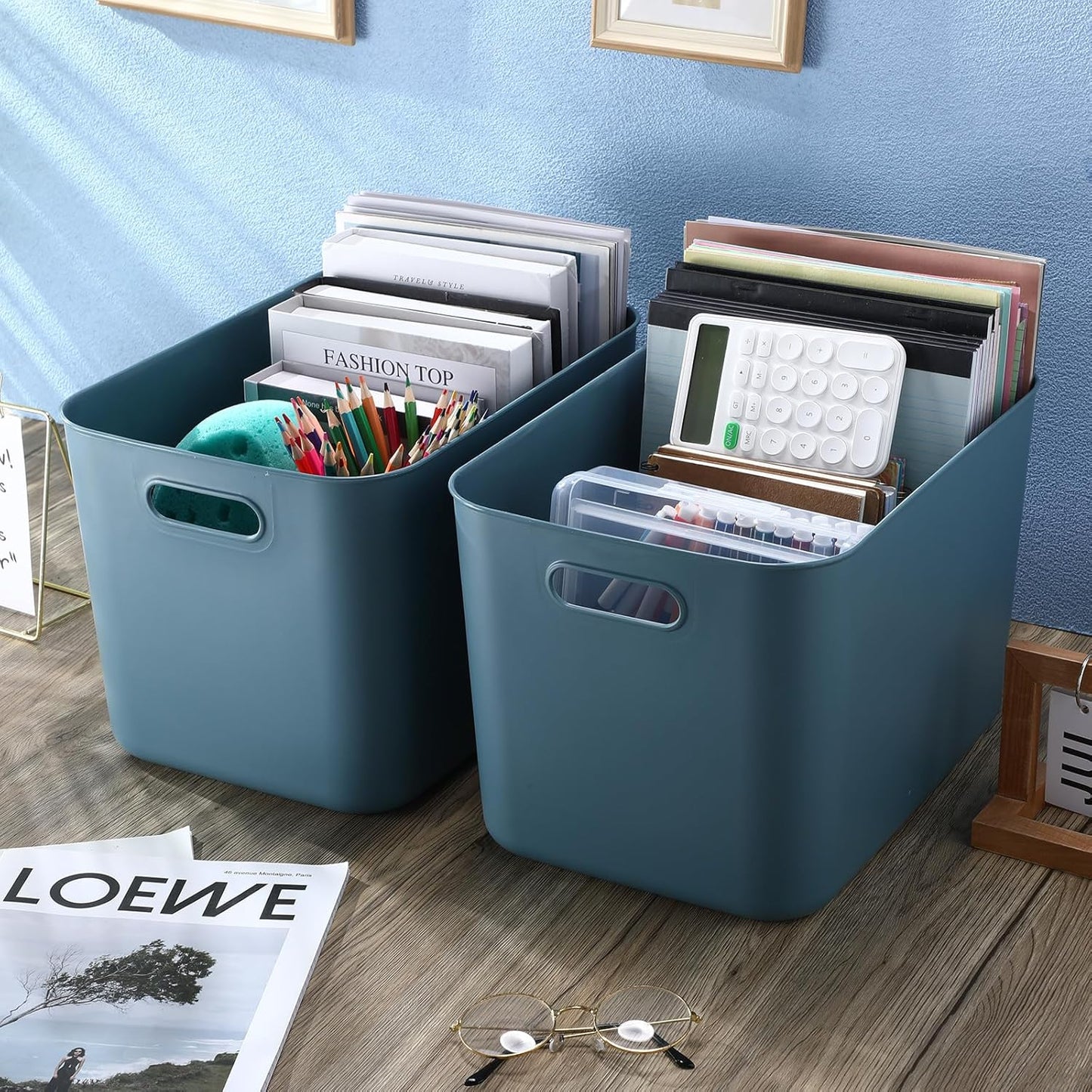 Hoolerry 8 Pieces Colorful Storage Bins with Lid, Plastic Storage Basket Organizing Container Stackable Box with Handle for Shelves Desktop Playroom Office(14.2 x 10.2 x 9.5 Inch,Blue)