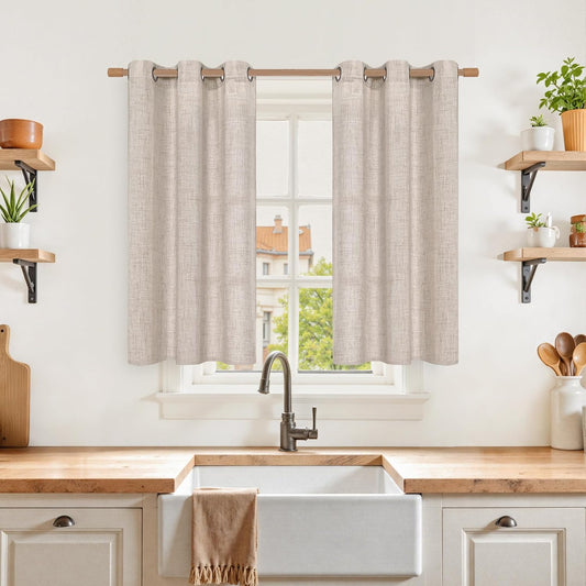 YoungsTex Short Linen Curtains for Kitchen Cafe Window with Bronze Grommet, Small Window Drapes Light Filtering Natural Rustic for Bathroom Loft, 2 Panels, 34 x 40 Inch Long