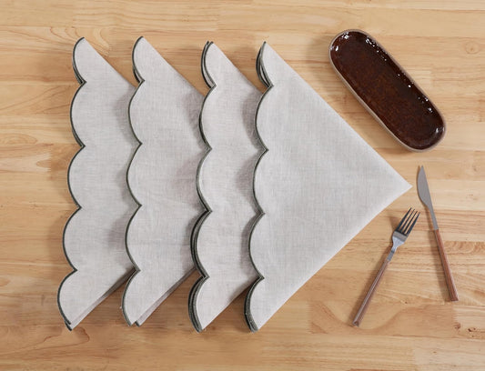 100% French Flax Linen Cloth Napkins Scalloped Embroidery 20’’x20’’ for Dinners, Parties, Weddings, Decorative Halloween, Spring, Easter, Set of 4 Pcs, Natural Linen(Edges-Green)