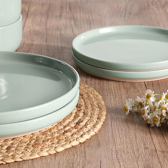 HaWare Stoneware Dinnerware Sets, 24-Piece Plates and Bowls Set for 8, Dishes Set for Home Restaurant,Speckled Asparagus Green