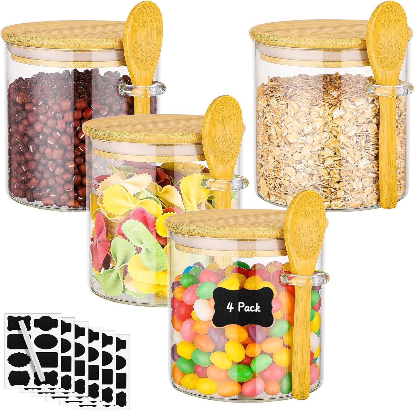 Glass Jars with Bamboo Lids Set of 4, 20 Fl.oz Round Glass Mason Jar with Airtight Lid and Spoon, Stackable Pantry Canister for Coffee, Sugar, Spice, Oats, Candy, Clear Loose Tea Containers