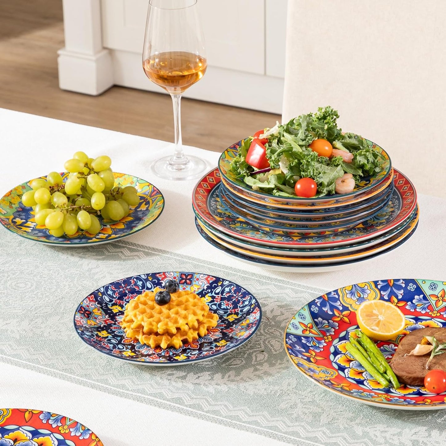 Sweejar Dinner Plates 10.5 Inch,Ceramic Large Plates Set of 6,Bohemian Style Colorful Plate Dishwasher and Microwave Safe Round Porcelain Dessert Plates for Kitchen