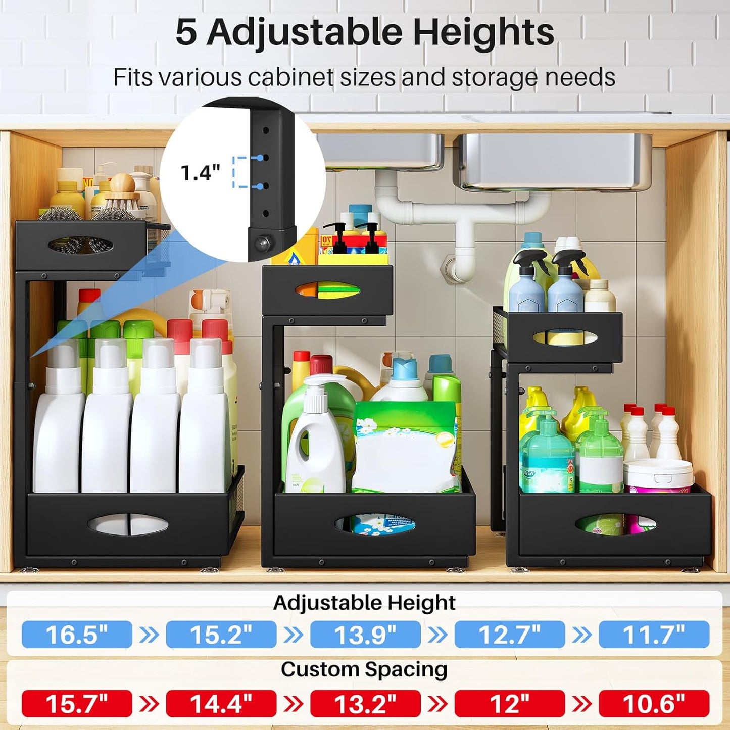 Under Sink Organizer, 2 Tier Pull Out Under Cabinet Organizer Shelf with Pad for Framed Cabinets, Metal Slide Out Under Sink Storage, Mesh Sliding Drawers for Kitchen Bathroom Laundry(Black, 1 Pack)
