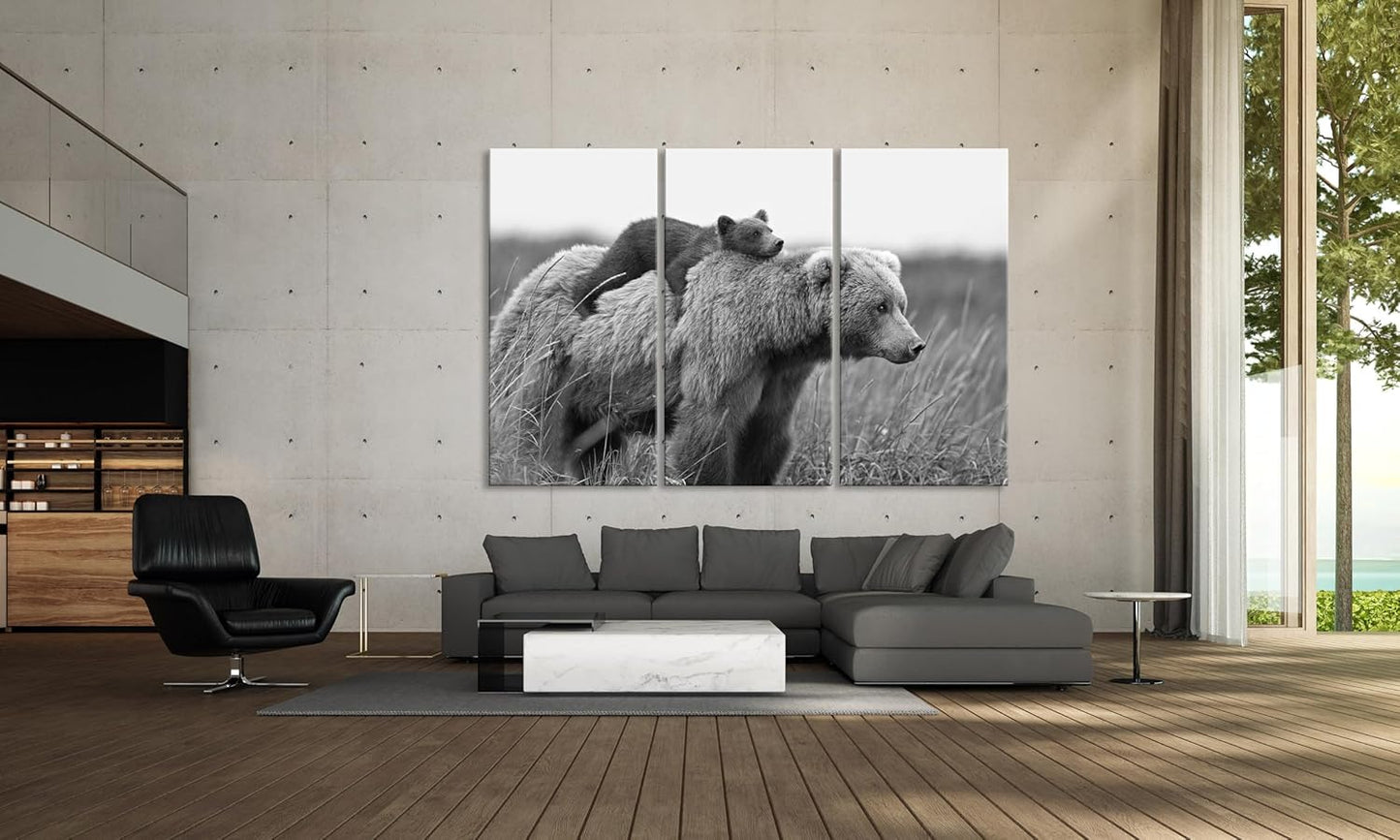 Wildlife Canvas Prints - Wild Animals Home Decor - Medium, Large, and Extra Large Wall Art for Living Room, Bathroom, Kitchen (Mom and Baby Bears, 63L" x 94W"- 3 Panels)