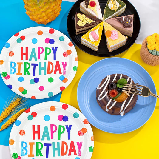 50PCS Happy Birthday Plates and Napkins, 7inch Colorful Dots Birthday Cake Dessert Plates Disposable Paper Dinnerware Set for Birthday's Party Supplies Decorations