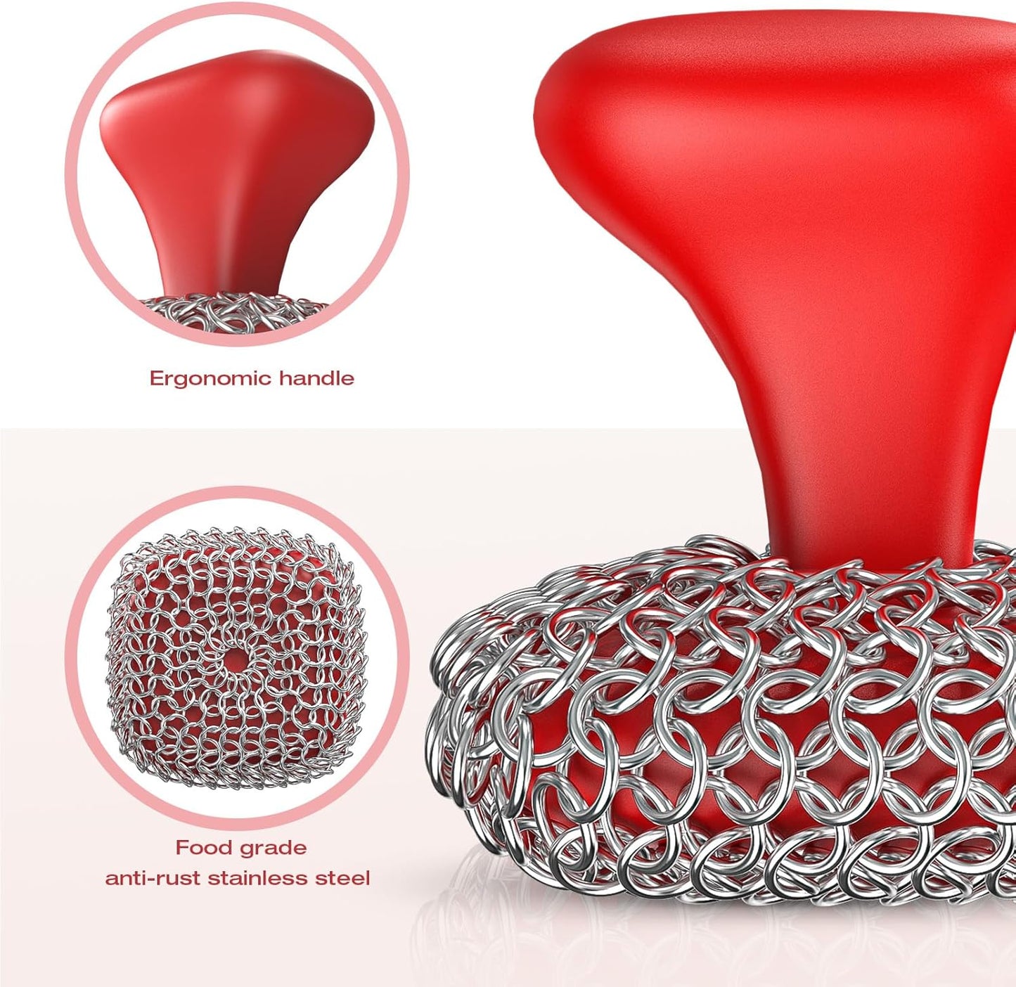 Cast Iron Scrubber | Dish Scrub Brush | 316 Cast Iron Cleaner Chainmail Scrubber for Pan Skillet Cleaner - Dish Scouring Pad Dishwasher Safe Cleaning Kit, Red