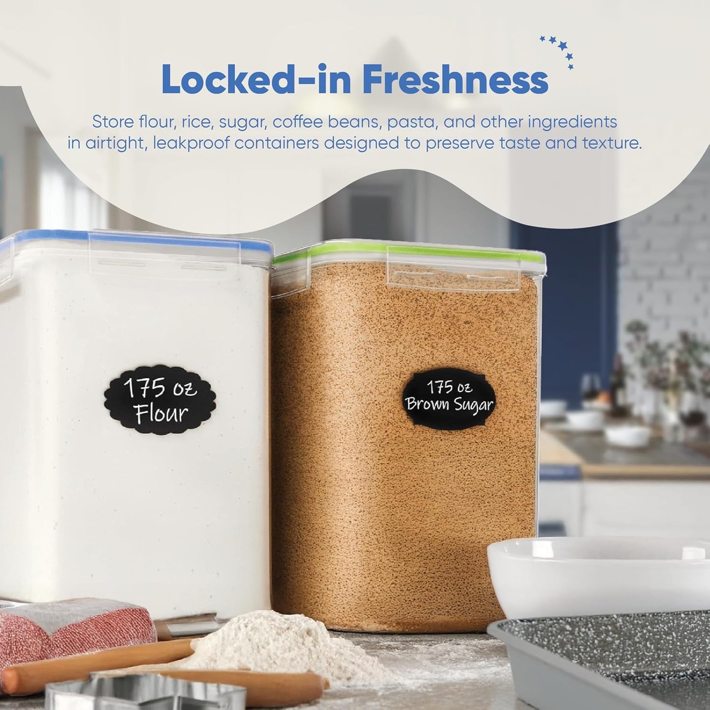 Chef's Path Large Airtight Food Storage Containers with Lids, Pack of 2, 5.2L, 175Oz, Airtight Kitchen and Pantry Bulk Canisters for Flour, Sugar, Rice, and Baking Supplies - Transparent