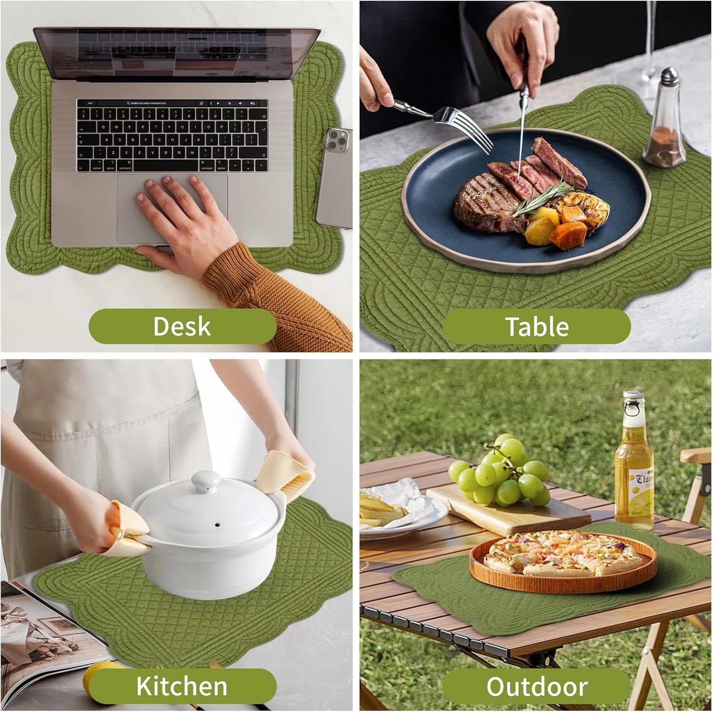 6 PC Quilted Placemats, 18"X13"Extra Large Cotton Placemats Set of 6, 100% Cotton Fabric Washable Cloth Table Mats for Kitchen & Dining Table - Soft &Easy Clean(Olive Green, Rectangular)