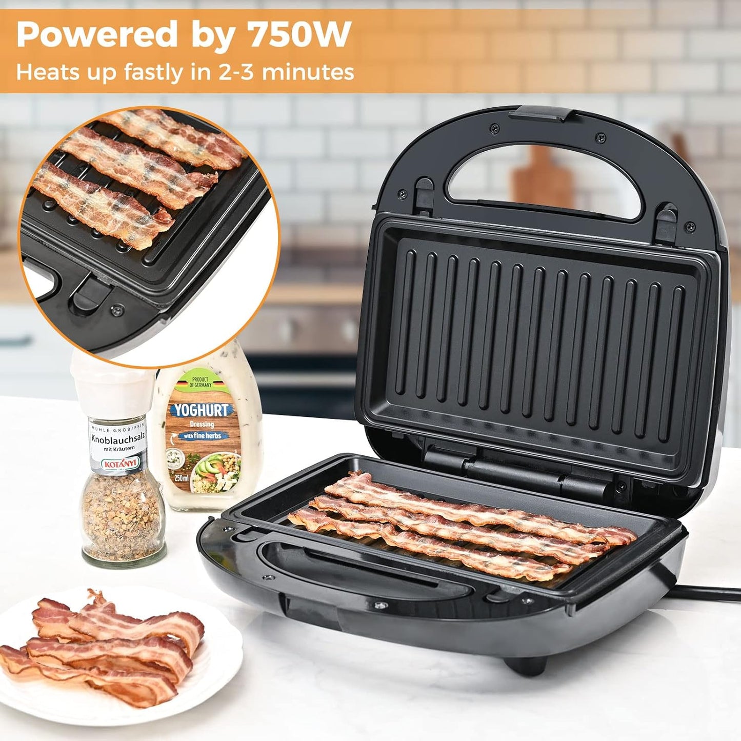 3 in 1 Sandwich Maker, Portable Waffle Iron Maker, Electric Panini Press with Removable Non-Stick Plates LED Indicator Lights, Cool Touch Handle for Breakfast Toaster, Grilled Cheese Bacon and Steak