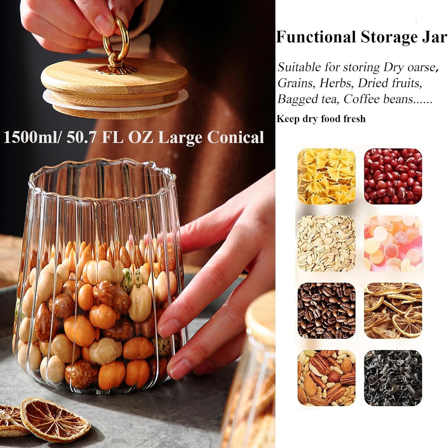 Viovian 50 FL OZ Large Glass Storage Jar with Lid Coffee Nuts Canister Vintage Clear Decorative Glass Jars for Food Coffee Beans Cookie Candy Flour