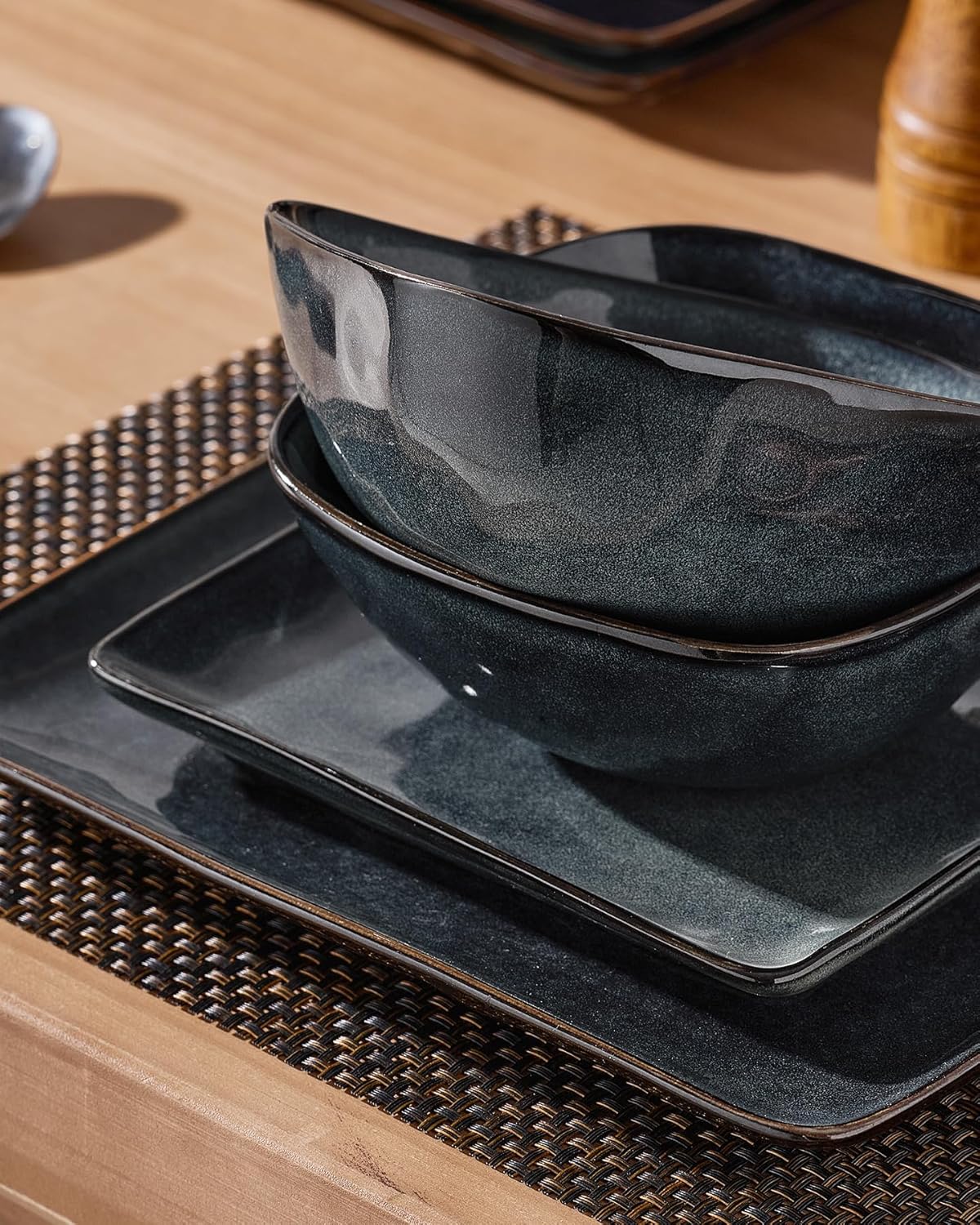 Famiware Ocean Square Plates and Bowls Set, 18 Pieces Dinnerware Sets, Dishes Set for 6, Microwave and Dishwasher Safe, Scratch Resistant, Deep Forest