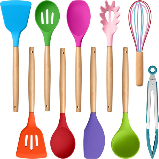 E-far Silicone Cooking Utensils Set, 10-Piece Kitchen Utensils Set with Wooden Handle for Nonstick Cookware, Heat Resistant Kitchen Nonstick Tools Spatula Whisk Ladle, Non-toxic & Healthy - Colorful