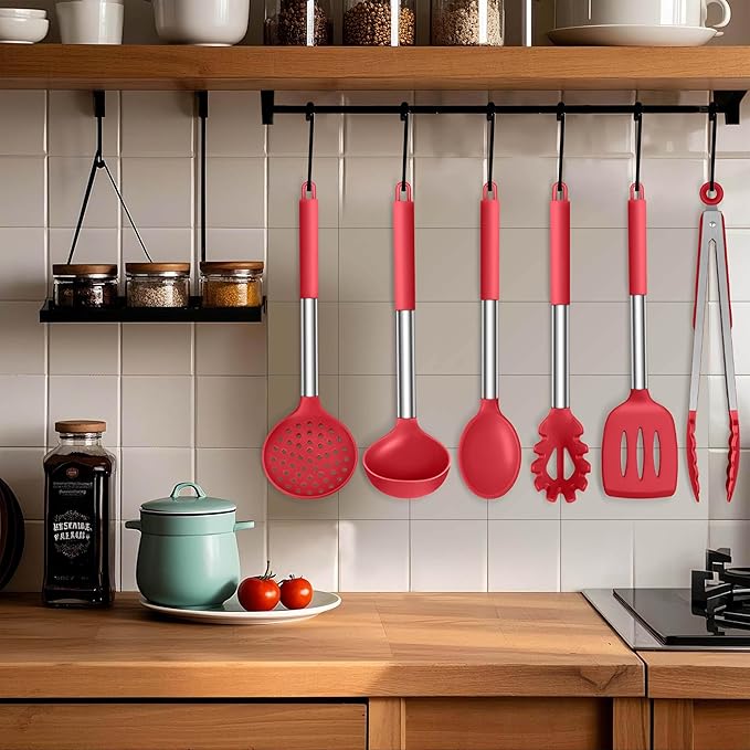 LIANYU Kitchen Cooking Utensils Set, Silicone Cooking Utensils Set of 6, Heat Resistant Kitchen Spatula Gadgets Tools for Nonstick Cookware, Stainless Steel Handle, Dishwasher Safe, Red