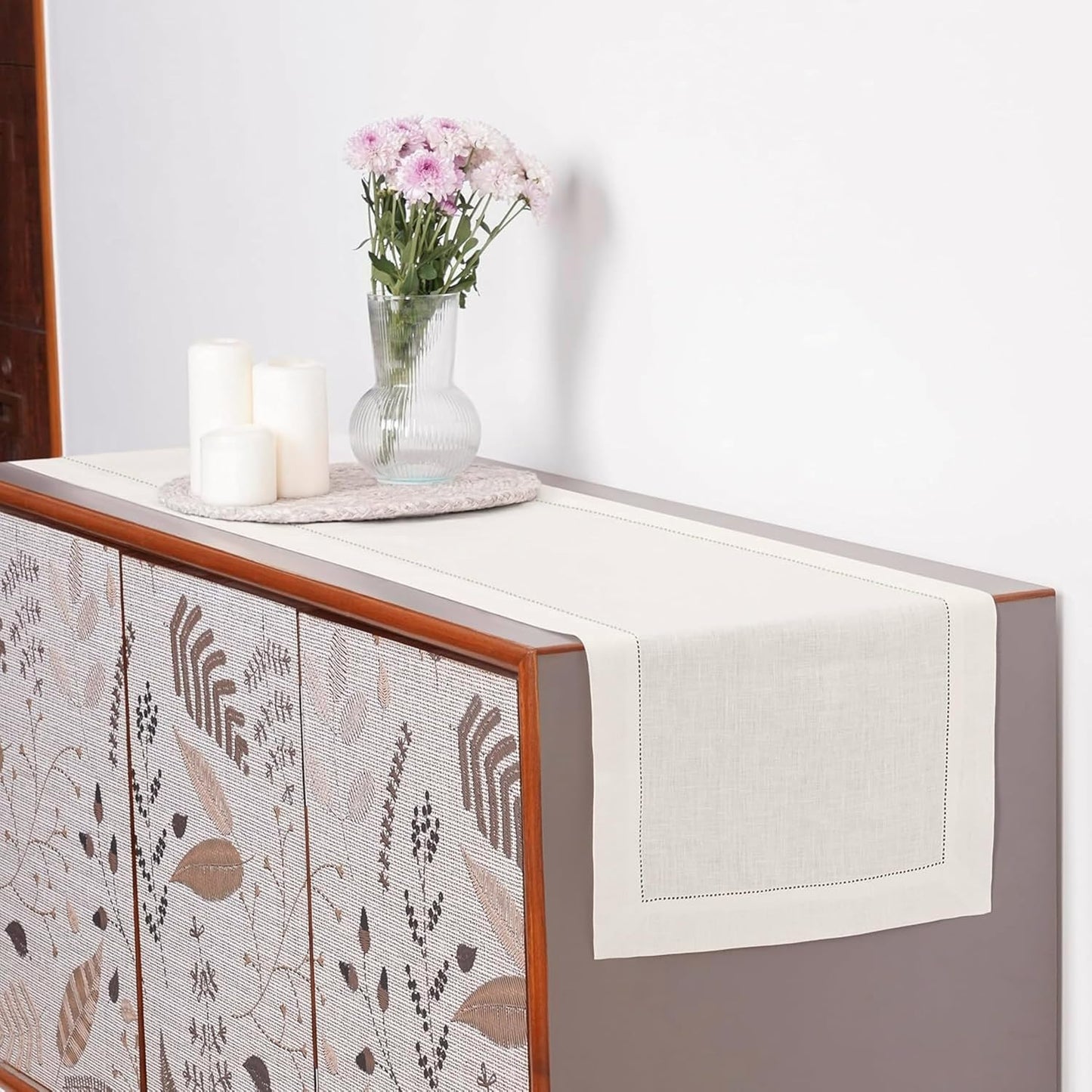 D'Moksha Homes Linen Ivory Table Runner 132 Inches Long - 100% Pure Linen Extra Long Table Runner 14 x 132 Inch for Fall, Autumn and Halloween - Classic Hemstitch