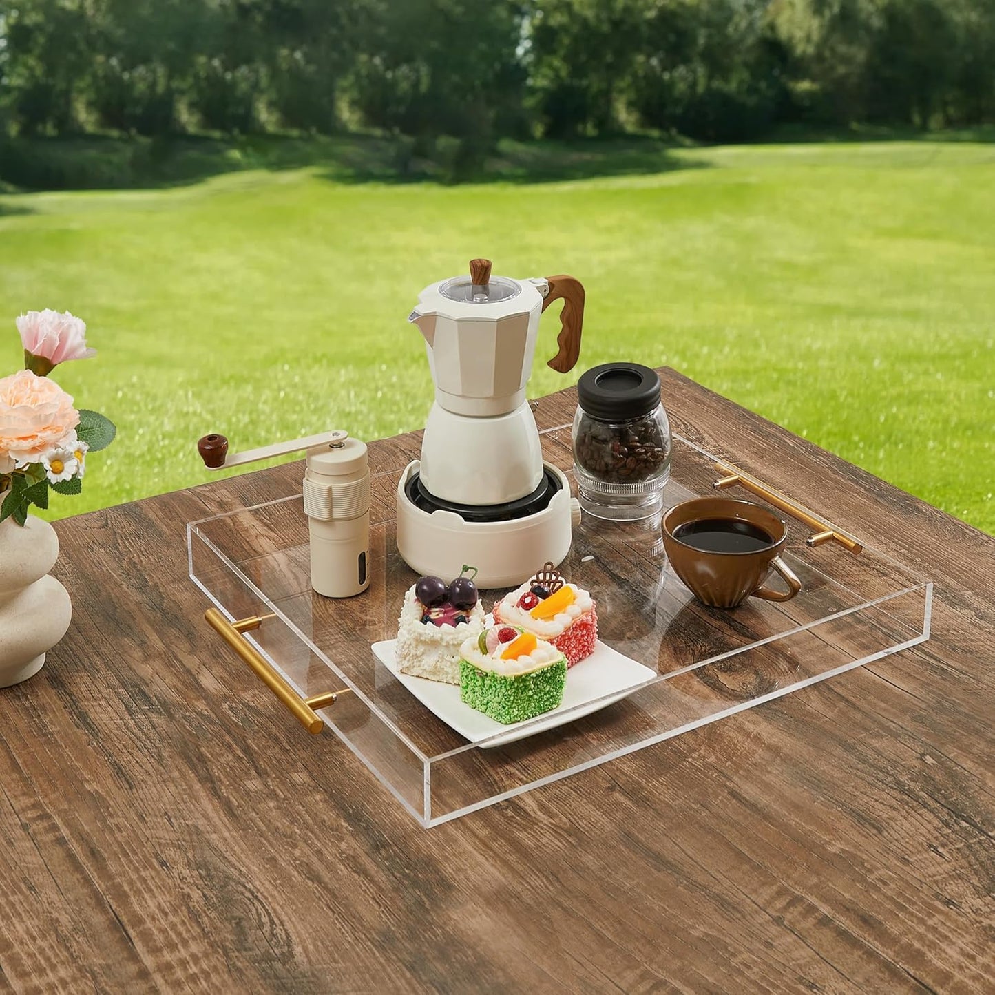 Large Clear Acrylic Serving Tray (14×18 Inches) with Gold Handles Spill Proof Acrylic Decorative Tray Organiser for Ottoman Coffee Table Countertop