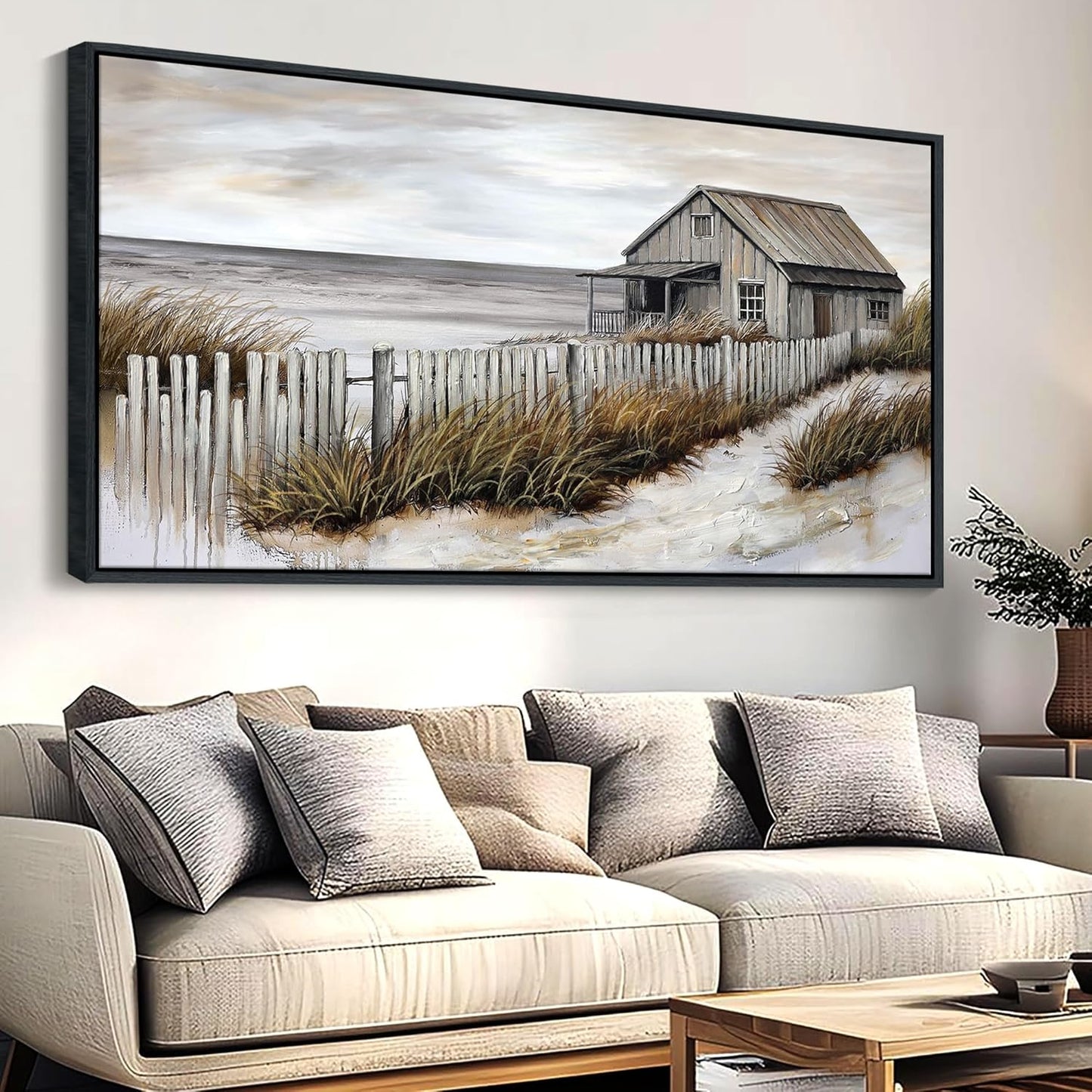 YDYSUNE Village Coastal Wall Art for Living Room - Retro Beach Fenced House Large Canvas Wall Decor for Home Artwork Painting Print for Bedroom Decoration Kitchen Office Hang a Picture Framed 29x58 Inches