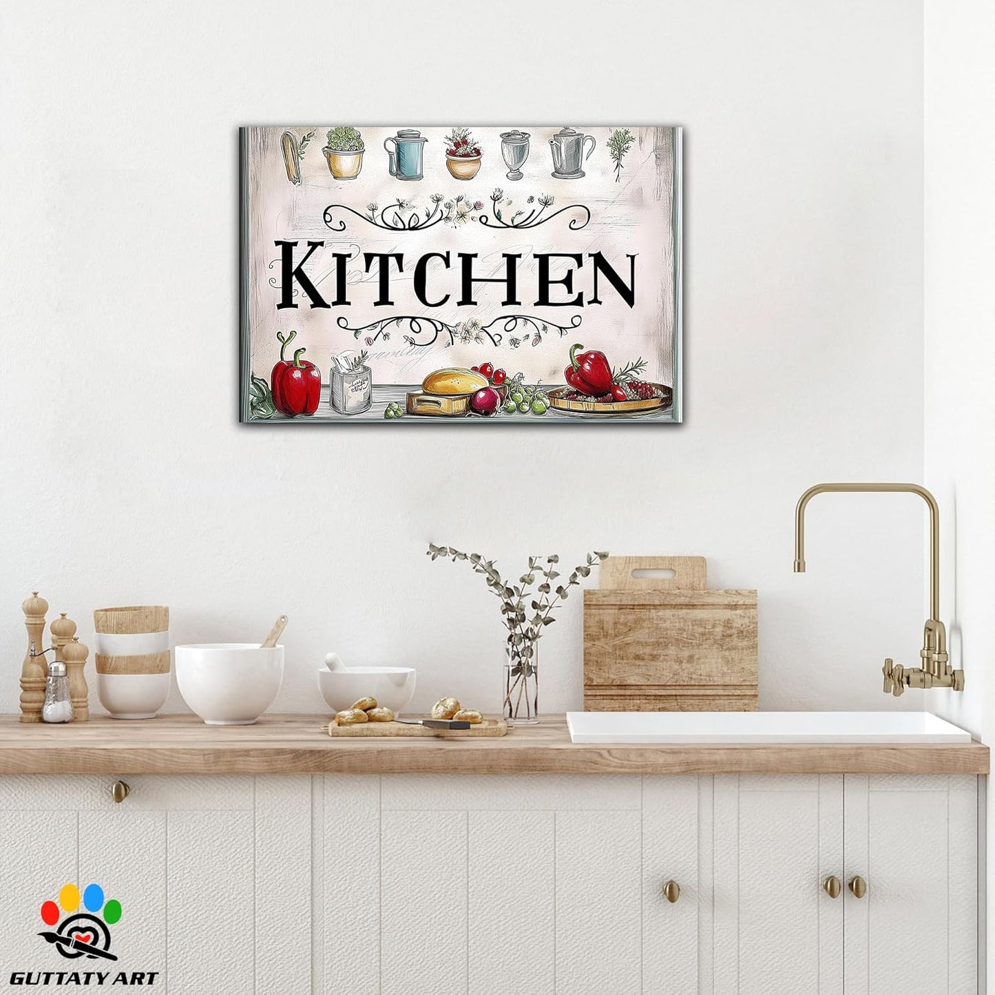 GUTTATY Kitchen Pictures Wall Decor, Farmhouse Wall Art Decor Colorful Vegetables and Flowers Painting for Dinning Room Restaurant Decor, Mother's Day Gift for Grandma Mom Hanging Artwork 18×24 Inch