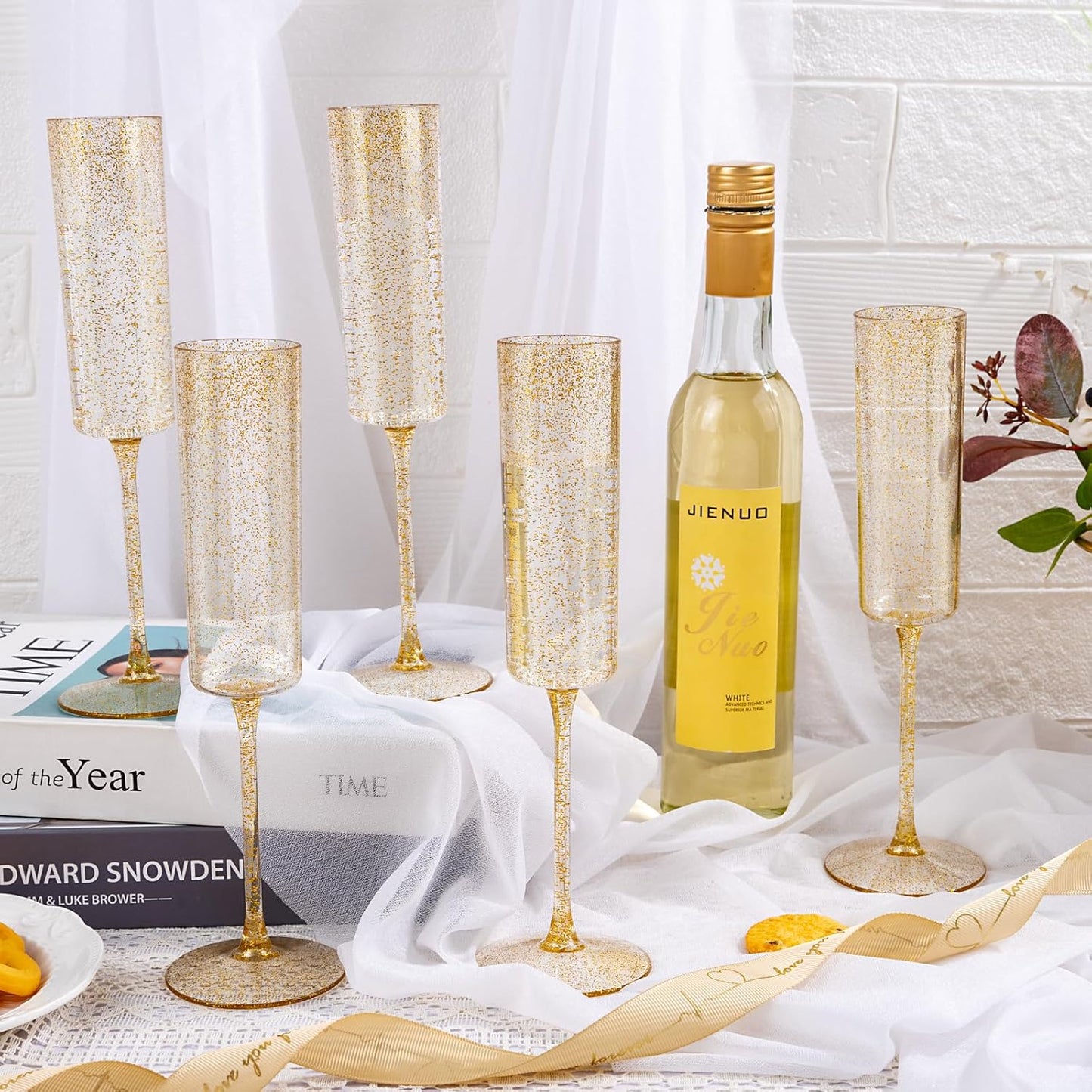 YOUBET 24 Pack Plastic Champagne Flutes - 6 Oz Gold Glitter Disposable Champagne Glasses - Square Plastic Wine Cups Wedding Toasting for Party Birthday Anniversary Thanksgiving
